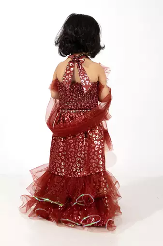 girls foil printed top layered lehenga set - maroon