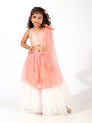 Elaisha girls embroidered top with floral embellishment,  layered net skirt & dupatta set - peach & off white 1