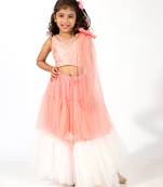 Elaisha girls embroidered top with floral embellishment,  layered net skirt & dupatta set - peach & off white