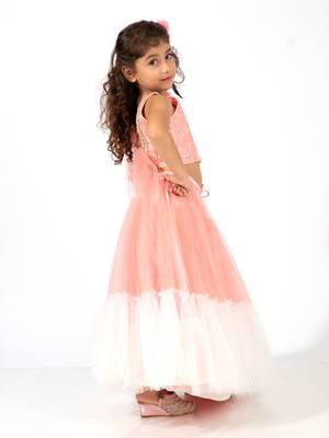 Elaisha girls embroidered top with floral embellishment,  layered net skirt & dupatta set - peach & off white 2