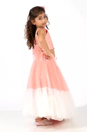Elaisha girls embroidered top with floral embellishment,  layered net skirt & dupatta set - peach & off white