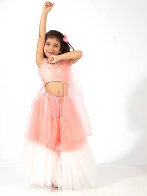 Elaisha girls embroidered top with floral embellishment,  layered net skirt & dupatta set - peach & off white 3