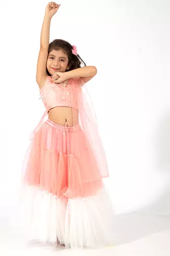 Elaisha girls embroidered top with floral embellishment,  layered net skirt & dupatta set - peach & off white