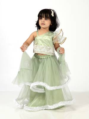 Elaisha girls  embroidered top & ruffled edges layered net skirt set - green 1