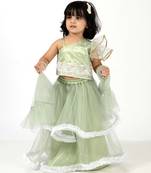 Elaisha girls  embroidered top & ruffled edges layered net skirt set - green