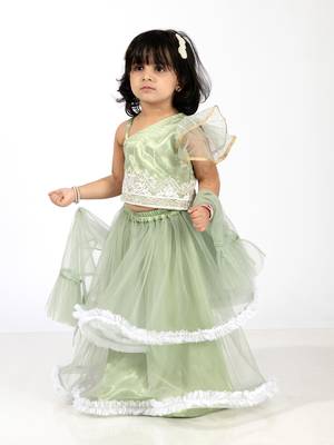 Elaisha girls  embroidered top & ruffled edges layered net skirt set - green 2
