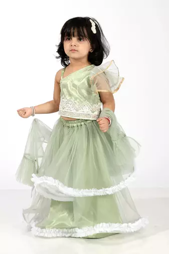 Elaisha girls  embroidered top & ruffled edges layered net skirt set - green