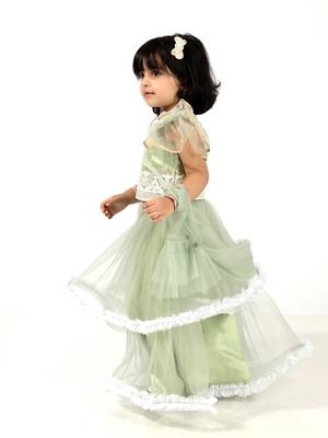 Elaisha girls  embroidered top & ruffled edges layered net skirt set - green 3