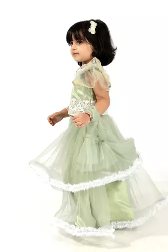 Elaisha girls  embroidered top & ruffled edges layered net skirt set - green