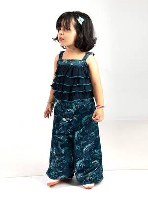 Elaisha girls spaghetti-strap ruffled & shimmering unicorn printed jumpsuit - navy blue 1