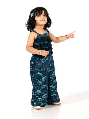 Elaisha girls spaghetti-strap ruffled & shimmering unicorn printed jumpsuit - navy blue 2