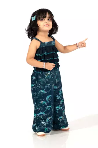 Elaisha girls spaghetti-strap ruffled & shimmering unicorn printed jumpsuit - navy blue