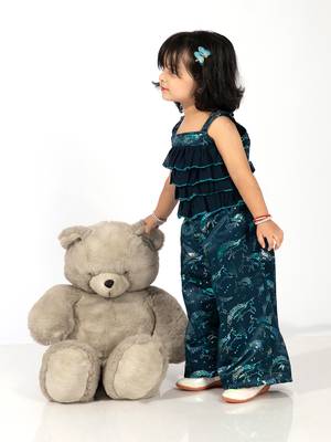 Elaisha girls spaghetti-strap ruffled & shimmering unicorn printed jumpsuit - navy blue 3