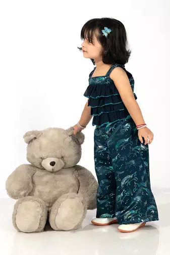 Elaisha girls spaghetti-strap ruffled & shimmering unicorn printed jumpsuit - navy blue