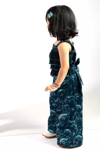 Elaisha girls spaghetti-strap ruffled & shimmering unicorn printed jumpsuit - navy blue