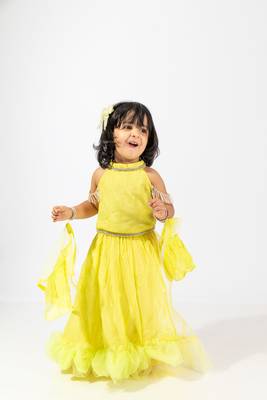 Elaisha girls crop top  & ruffled layered skirt with net dupatta set - lemon yellow 1