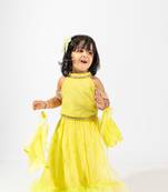 Elaisha girls crop top  & ruffled layered skirt with net dupatta set - lemon yellow