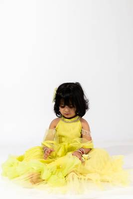 Elaisha girls crop top  & ruffled layered skirt with net dupatta set - lemon yellow 3
