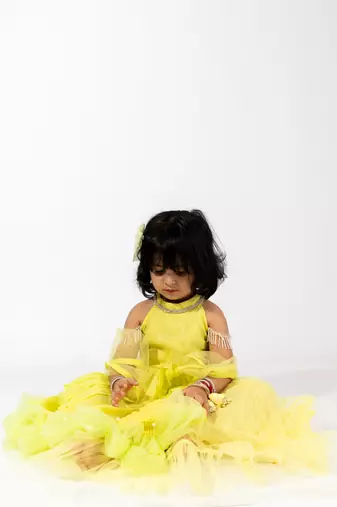 Elaisha girls crop top  & ruffled layered skirt with net dupatta set - lemon yellow