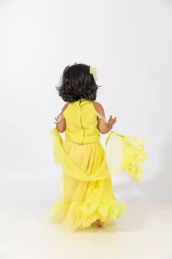 Elaisha girls crop top  & ruffled layered skirt with net dupatta set - lemon yellow