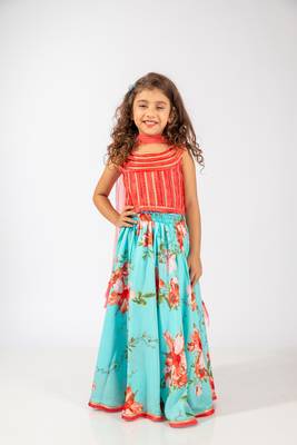 Elaisha girls sequin embroidered top & printed skirt with dupatta set - coral & turquoise 1