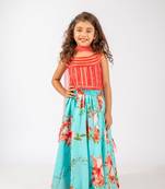 Elaisha girls sequin embroidered top & printed skirt with dupatta set - coral & turquoise