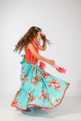 Elaisha girls sequin embroidered top & printed skirt with dupatta set - coral & turquoise 2