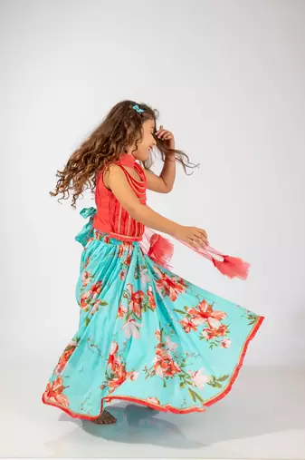 Elaisha girls sequin embroidered top & printed skirt with dupatta set - coral & turquoise