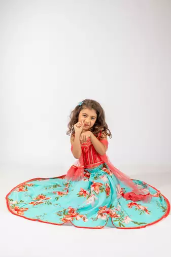 Elaisha girls sequin embroidered top & printed skirt with dupatta set - coral & turquoise