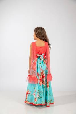 Elaisha girls sequin embroidered top & printed skirt with dupatta set - coral & turquoise 4