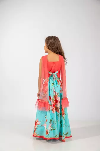 Elaisha girls sequin embroidered top & printed skirt with dupatta set - coral & turquoise