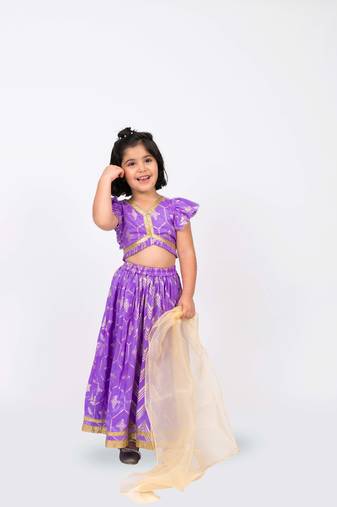 Elaisha girls brocade ruffled sleeve lace embellished top, skirt & tissue dupatta set - mauve