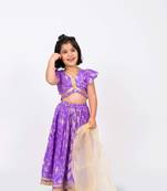 Elaisha girls brocade ruffled sleeve lace embellished top, skirt & tissue dupatta set - mauve