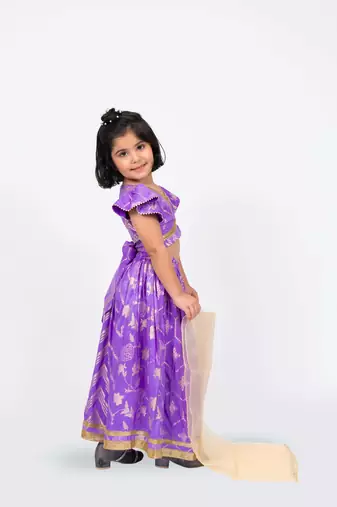 Elaisha girls brocade ruffled sleeve lace embellished top, skirt & tissue dupatta set - mauve