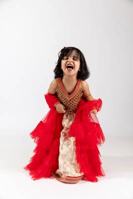 Elaisha girls embroidered top & embroidered underlay skirt with ruffled overlay - red & off white 1