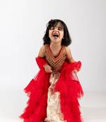 Elaisha girls embroidered top & embroidered underlay skirt with ruffled overlay - red & off white