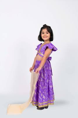 Elaisha girls brocade ruffled sleeve lace embellished top, skirt & tissue dupatta set - mauve 3