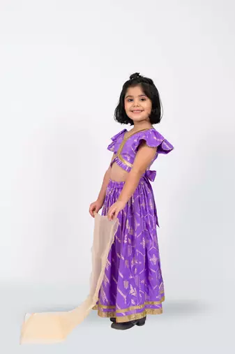 Elaisha girls brocade ruffled sleeve lace embellished top, skirt & tissue dupatta set - mauve