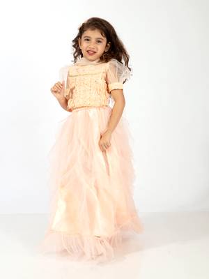 Elaisha girls ruffle detailed crop top & layered skirt with net dupatta set - peach 1