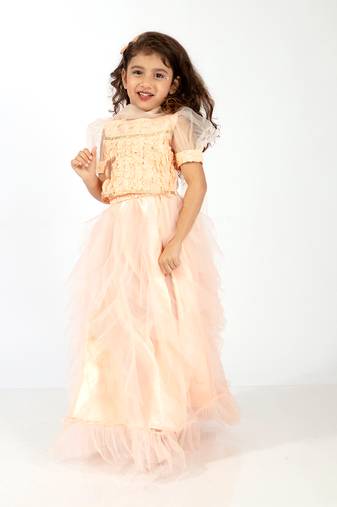 Elaisha girls ruffle detailed crop top & layered skirt with net dupatta set - peach