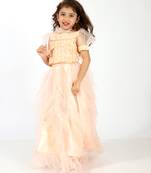 Elaisha girls ruffle detailed crop top & layered skirt with net dupatta set - peach