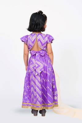 Elaisha girls brocade ruffled sleeve lace embellished top, skirt & tissue dupatta set - mauve 4