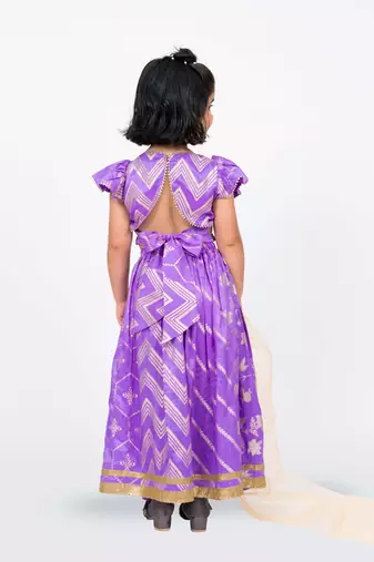 Elaisha girls brocade ruffled sleeve lace embellished top, skirt & tissue dupatta set - mauve