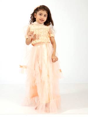 Elaisha girls ruffle detailed crop top & layered skirt with net dupatta set - peach 2