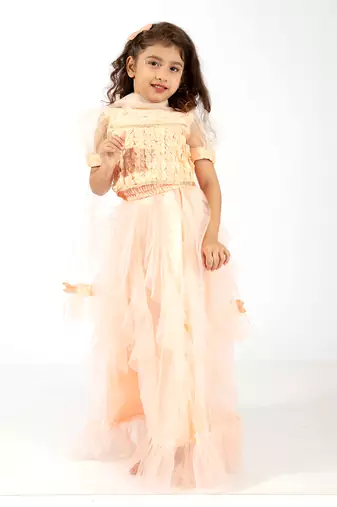 Elaisha girls ruffle detailed crop top & layered skirt with net dupatta set - peach