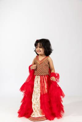 Elaisha girls embroidered top & embroidered underlay skirt with ruffled overlay - red & off white 2