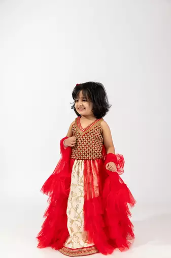 Elaisha girls embroidered top & embroidered underlay skirt with ruffled overlay - red & off white