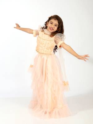 Elaisha girls ruffle detailed crop top & layered skirt with net dupatta set - peach 3