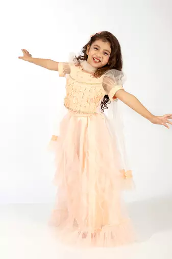 Elaisha girls ruffle detailed crop top & layered skirt with net dupatta set - peach
