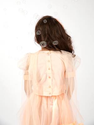Elaisha girls ruffle detailed crop top & layered skirt with net dupatta set - peach 4